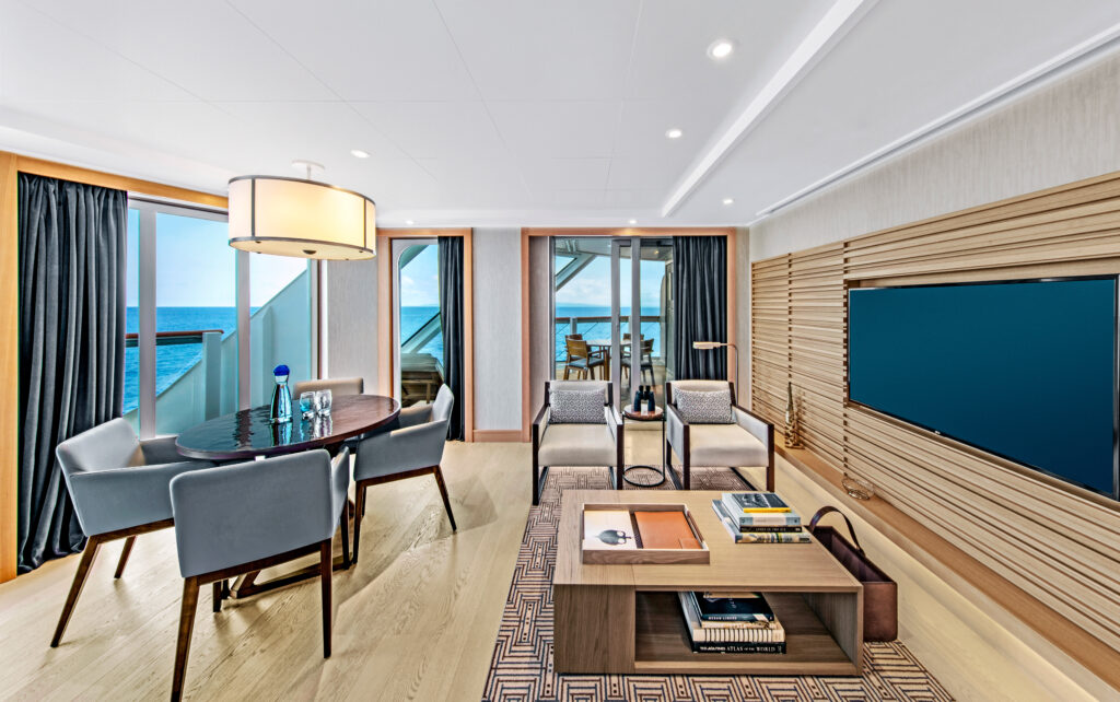 Living Room for the Explorer Suite (Forward) Stateroom on-board the Viking Orion.