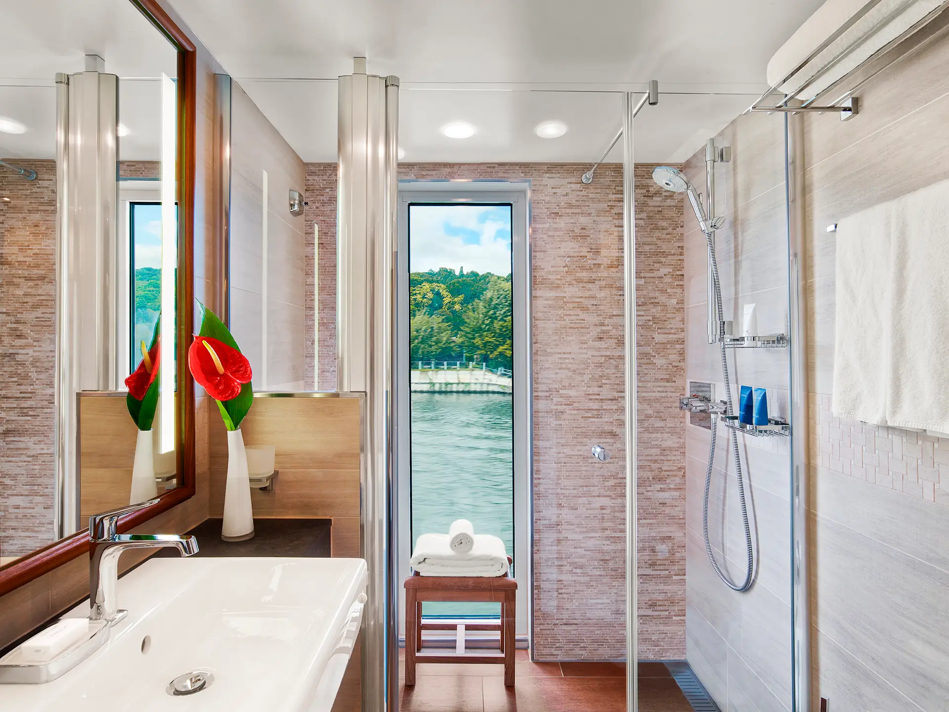 The bathroom inside the Explorer Suite Stateroom on-board the Viking Longship Kadlin.