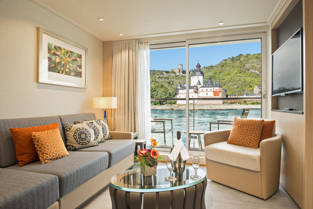 The Veranda Suite on-board the Viking Longship Hlin.  Pfalzgrafenstein Castle adn Gutenfels Castle of the Upper Middle Rhine Valley in the background.