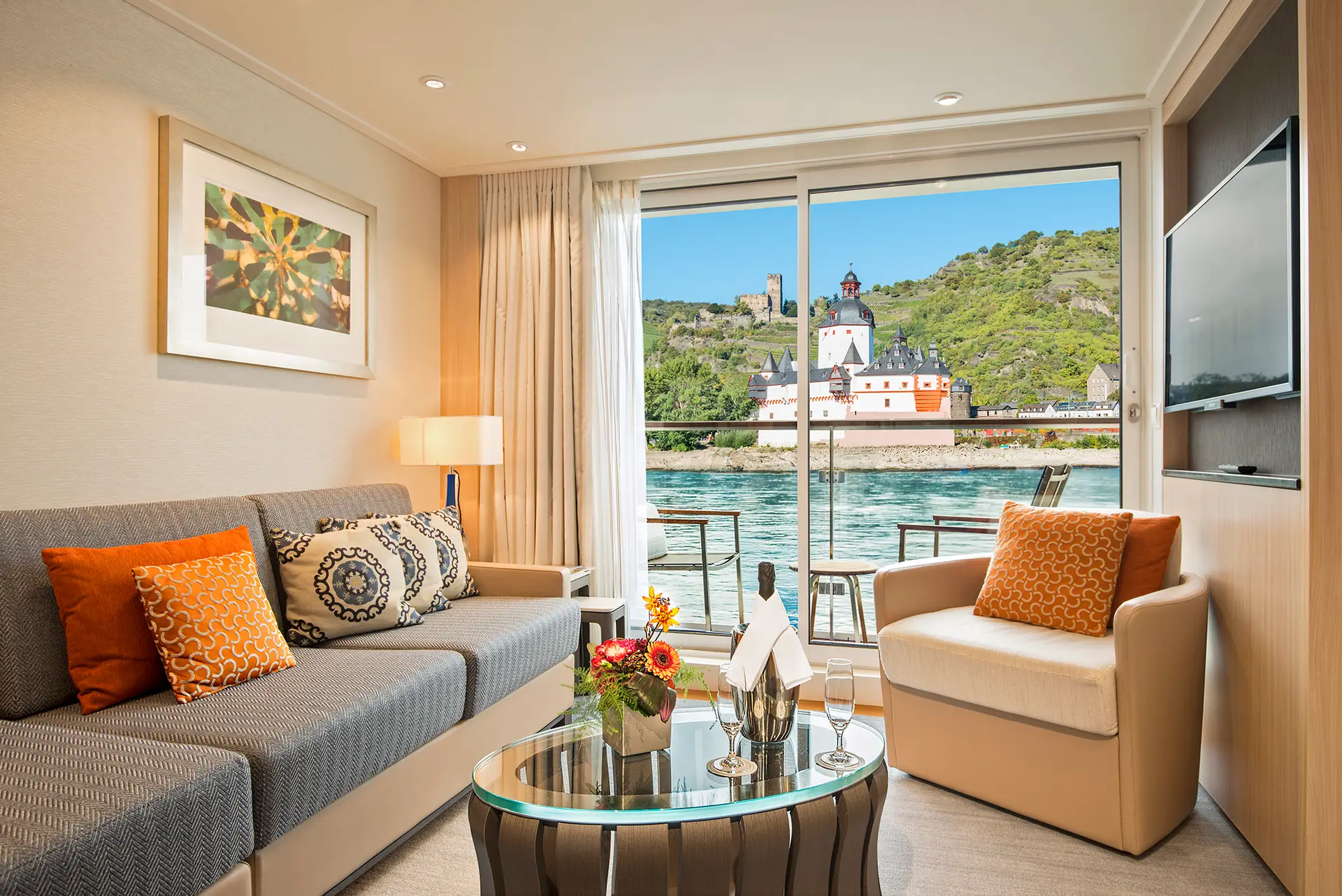 The Veranda Suite on-board the Viking Longship Hlin. Pfalzgrafenstein Castle adn Gutenfels Castle of the Upper Middle Rhine Valley in the background.